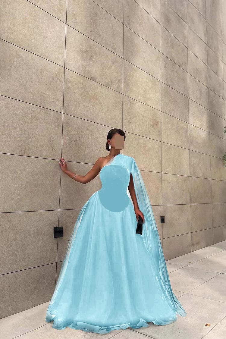 Chic Black Tulle One Shoulder Sleeveless Ball Gown Long Prom Dress