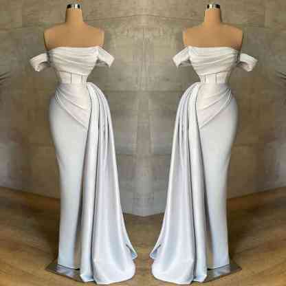 Stunning White Strapless Mermaid Pleated Long Prom Dress Off the Shoulder