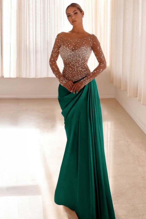 Jewel Neck Long Sleeves Long Mermaid Prom Dress With Pleated