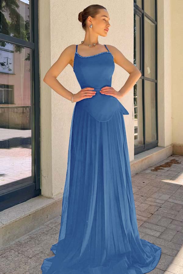 Spaghetti Strap Sleeveless Long Prom Dress With Pleated Sequins