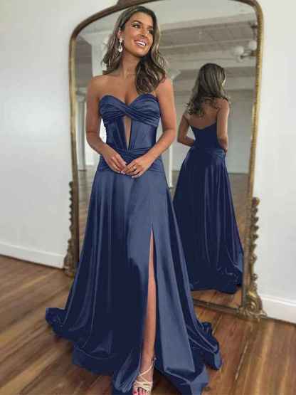 Navy Mermaid Strapless Corset Bodice Prom Dress with Slit