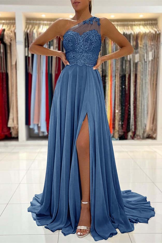 Glamorous One Shoulder Sleeveless Lace Appliques Prom Dress With Front Split