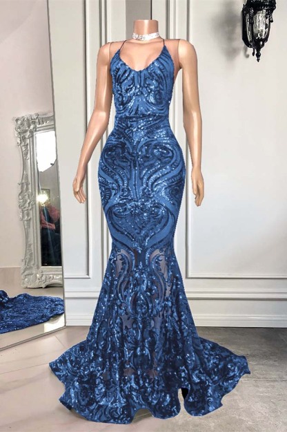 Mermaid Spaghetti Strap Sleeveless Royal Blue Long Prom Dress With Sequins