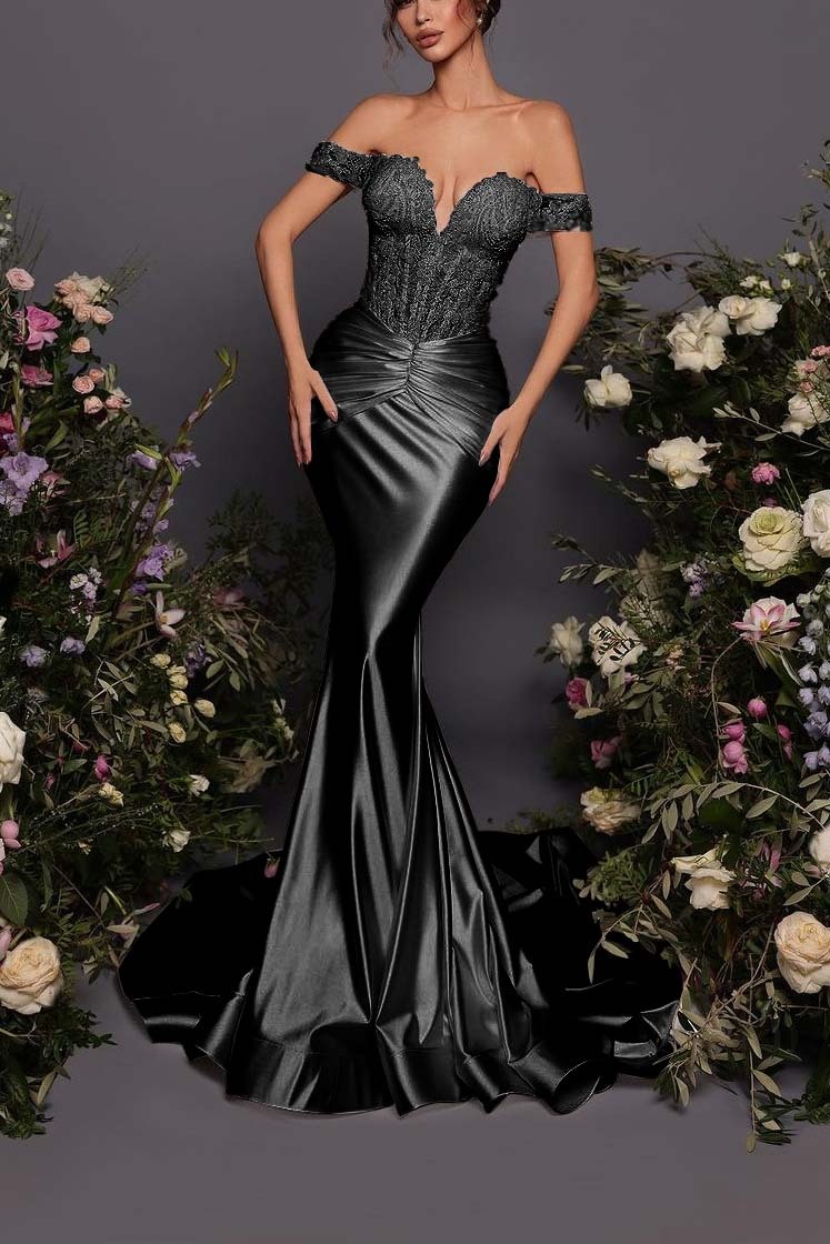 Off The Shoulder Sleeveless Long Mermaid Prom Dress With Pleated