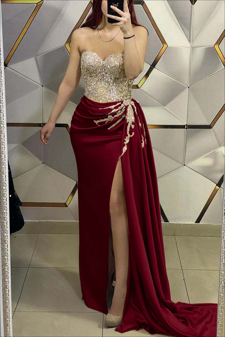 Gorgeous Gold Sweetheart Strapless Sleeveless Pleated Long Split With Beading