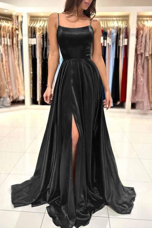 Spaghetti Strap Split Simple Long Prom Dress Green A Line