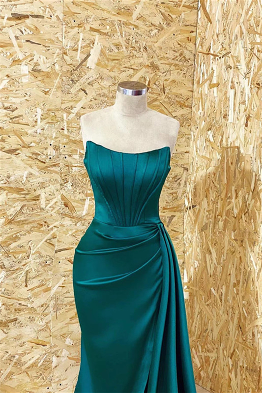 Modern Dark Green Strapless Mermaid Prom Dress Pleated With Ruffles