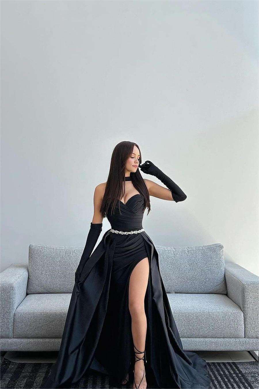 Black Halter Strapless Sweetheart  Sleeveless Mermaid Split Prom Dress With Gloves