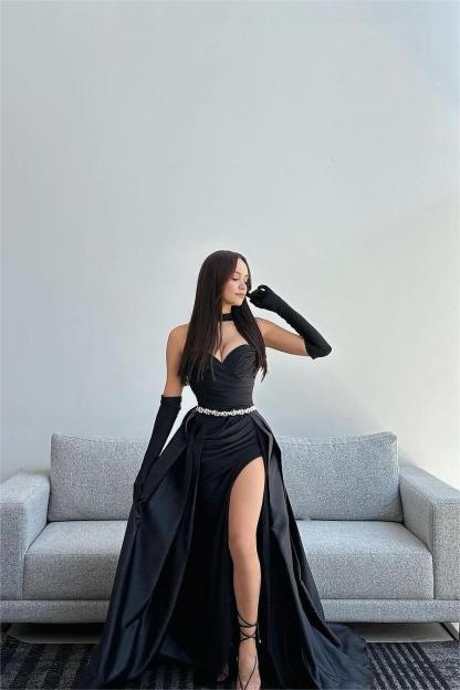 Black Halter Strapless Sweetheart  Sleeveless Mermaid Split Prom Dress With Gloves