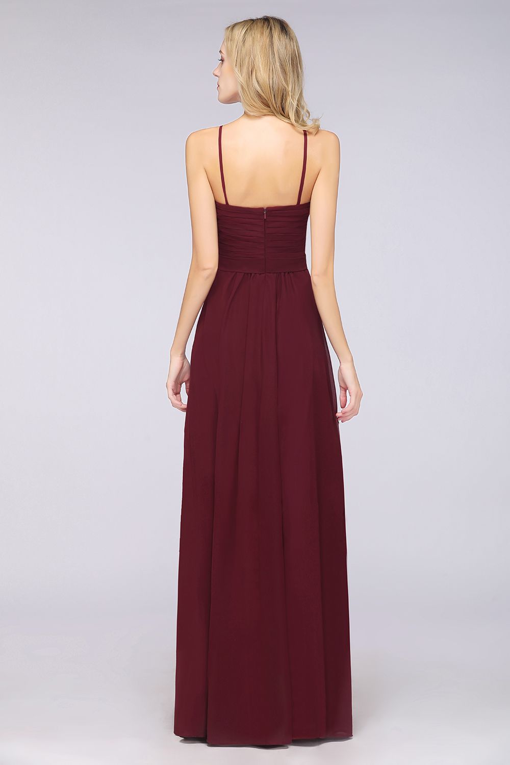 BMbridal Chic Burgundy Sweetheart Long Bridesmaid Dress With Spaghetti-Straps-BMbridal