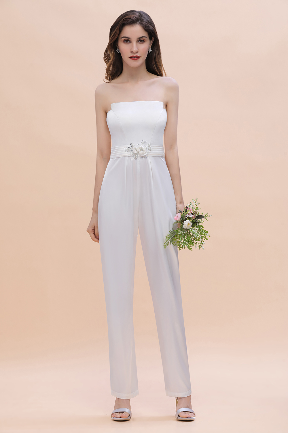 BMbridal Fashion Strapless Satin Sleeveless Bridesmaid Jumpsuit with Beading Flowers On Sale-BMbridal