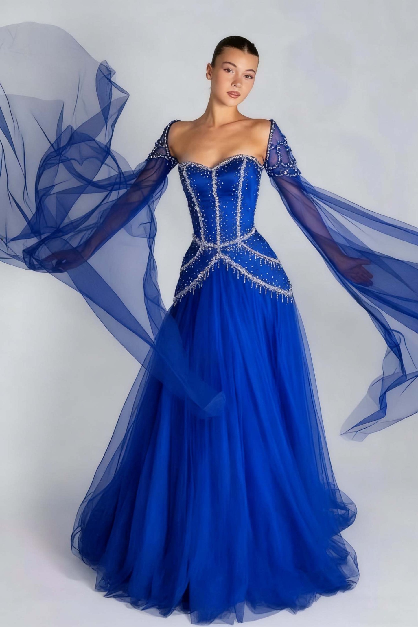 Long Sleeves Sweetheart Long A Line Prom Dress With Pleated Beading