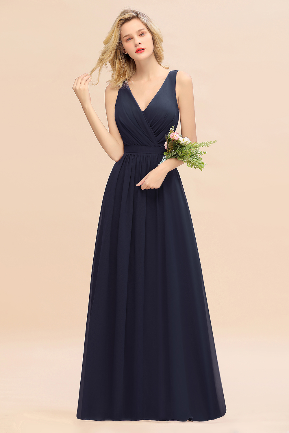 BMbridal Affordable V-Neck Ruffle Long Grape Chiffon Bridesmaid Dress with Bow-BMbridal