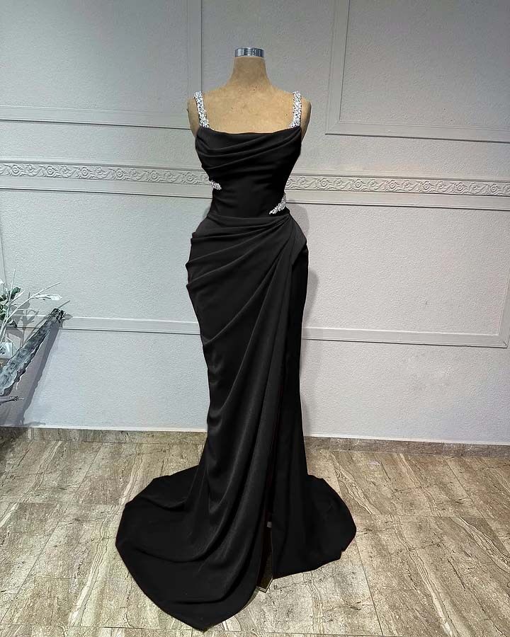 Straps Sleeveless Long Mermaid Prom Dress With Pleated Sequins