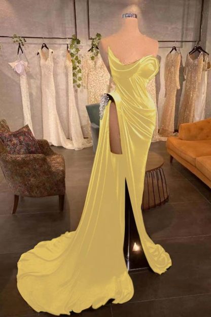 Strapless Sleeveless Long Prom Dress With High Split Pleated Beading