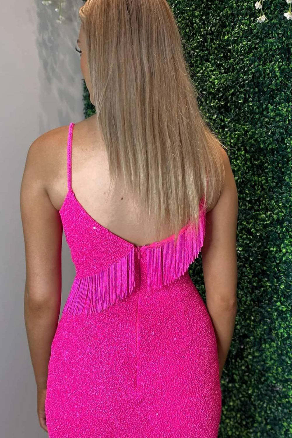 Sparkly Fuchsia Sequined Tight Short Homecoming Dress with Fringes