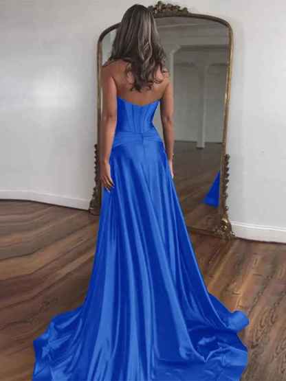 Navy Mermaid Strapless Corset Bodice Prom Dress with Slit