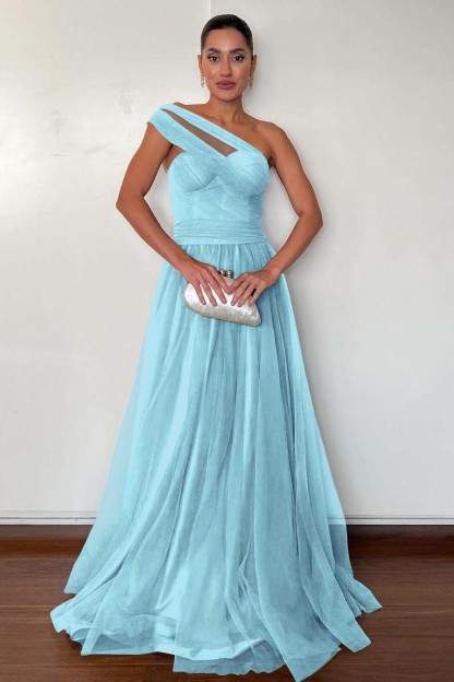 One Shoulder Sweetheart Sleeveless Long Prom Dress With Pleated