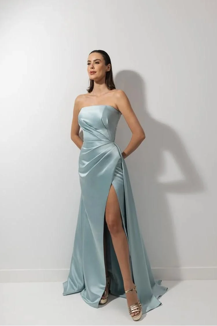 Strapless Sleeveless Long Mermaid Prom Dress With High Split Ruffles