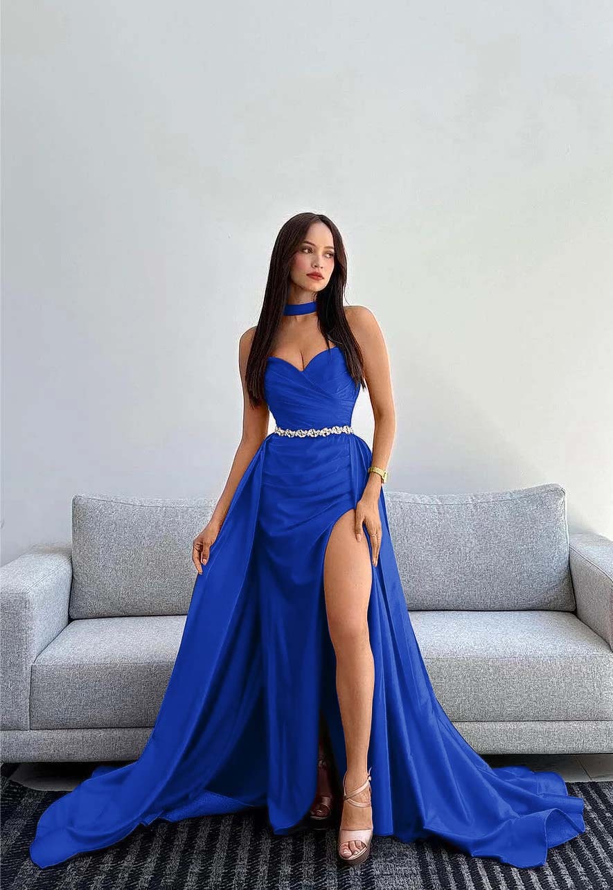 Black Halter Strapless Sweetheart  Sleeveless Mermaid Split Prom Dress With Gloves