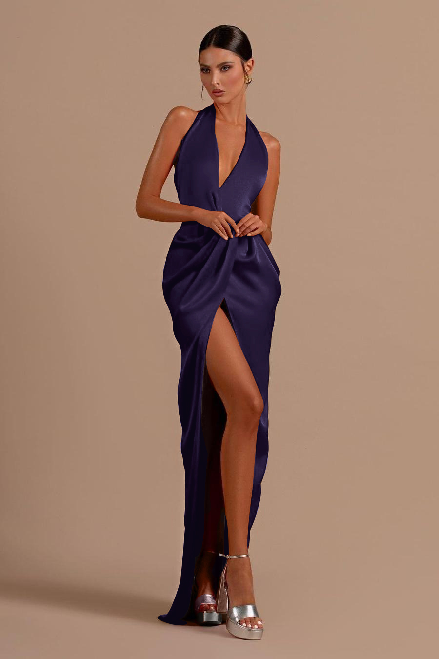 Red Halter Sleeveless Backless Long Prom Dress With Front Split