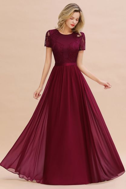 BMbridal Elegant Chiffon Lace Jewel Short-Sleeves Affordable Bridesmaid Dress-BMbridal