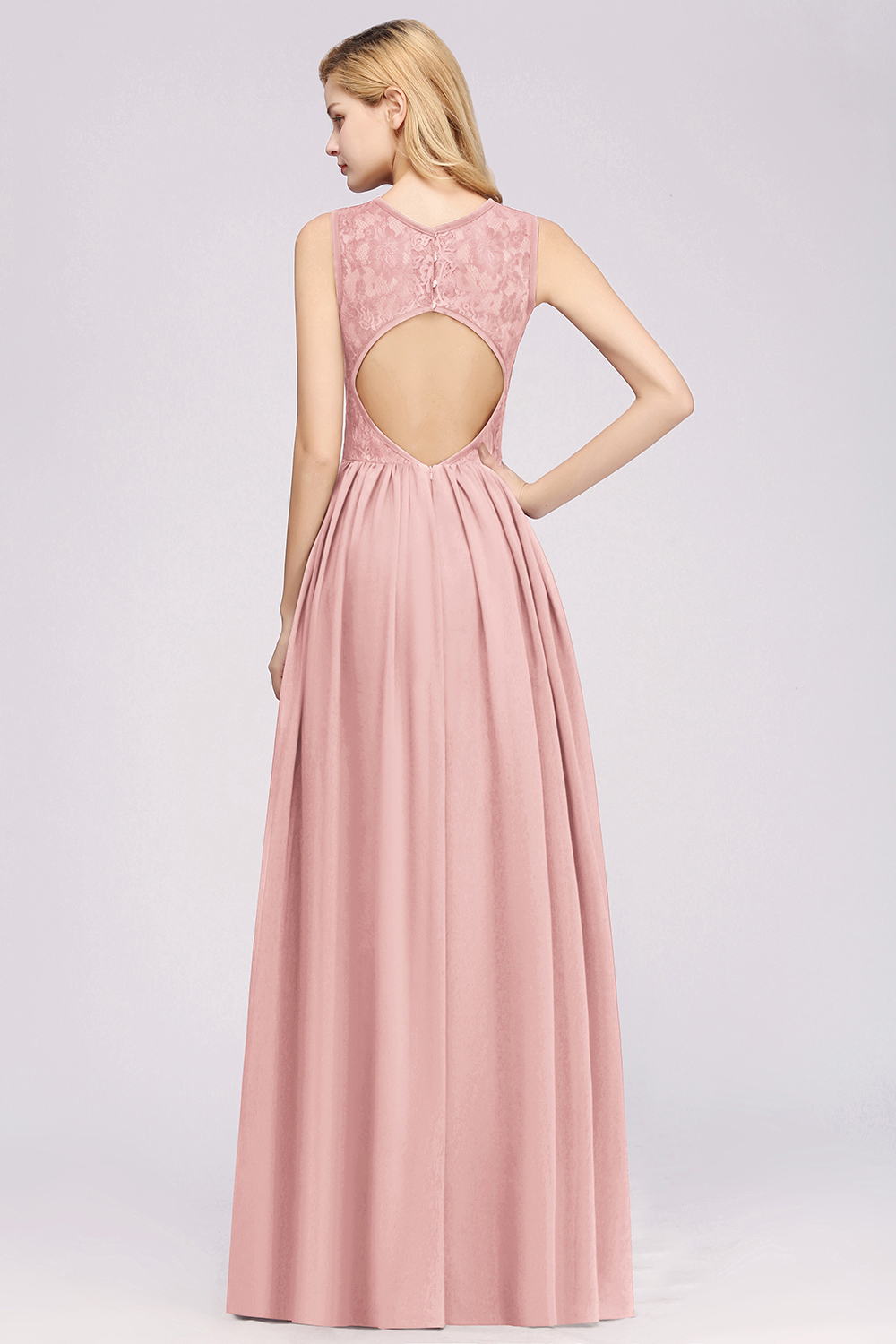 BMbridal Affordable Sleeveless Lace Pink Bridesmaid Dress With Hollowout Back-BMbridal