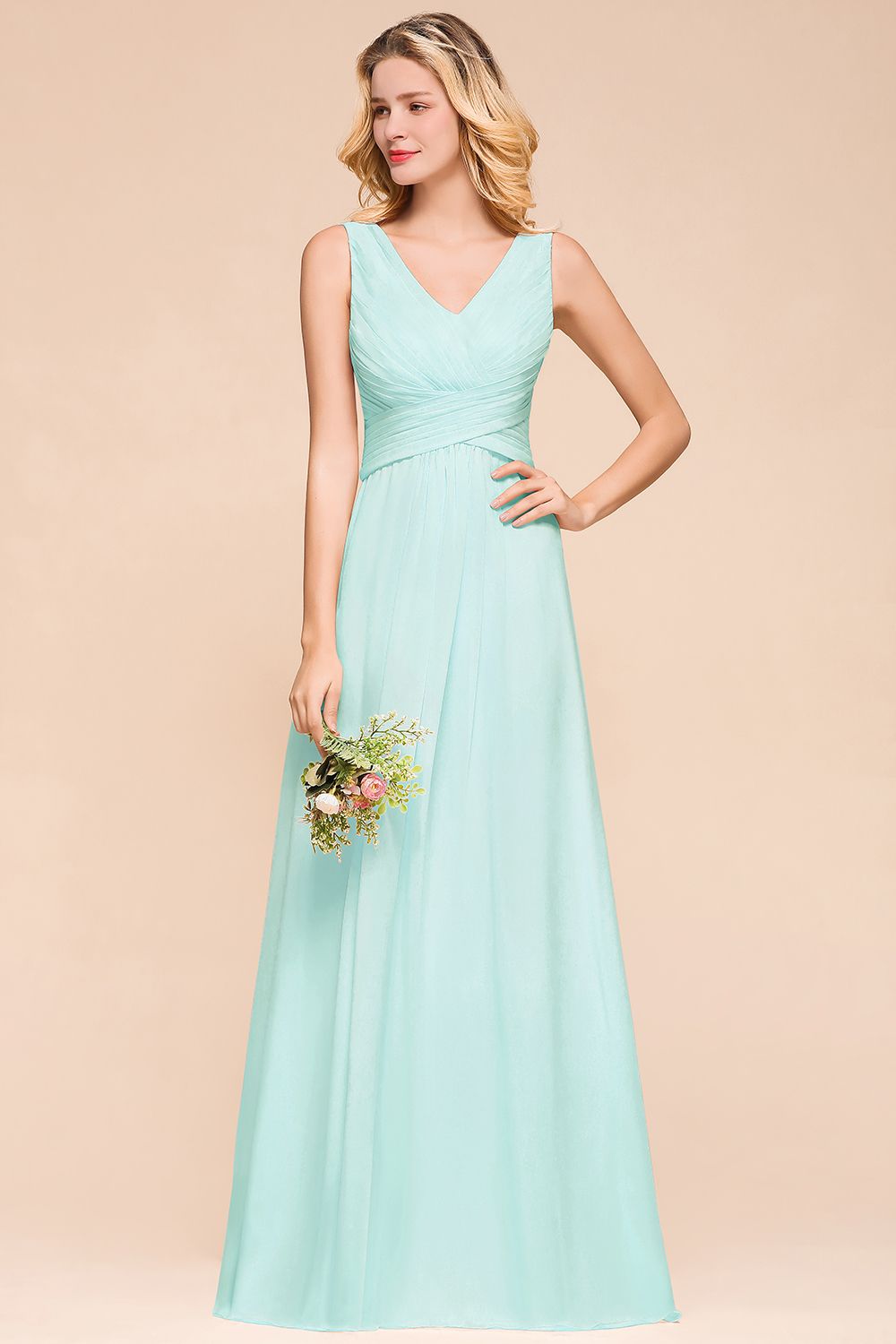 BMbridal Chic V-Neck Sleeveless Mint Green Bridesmaid Dresses with Ruffle-BMbridal