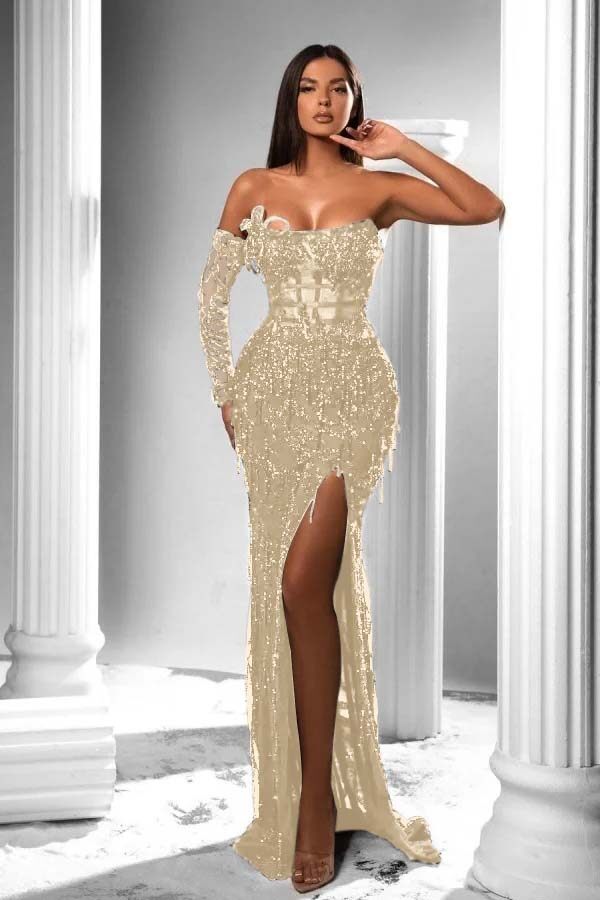 Strapless Long Sleeve High Split Long Prom Dress With Appliques