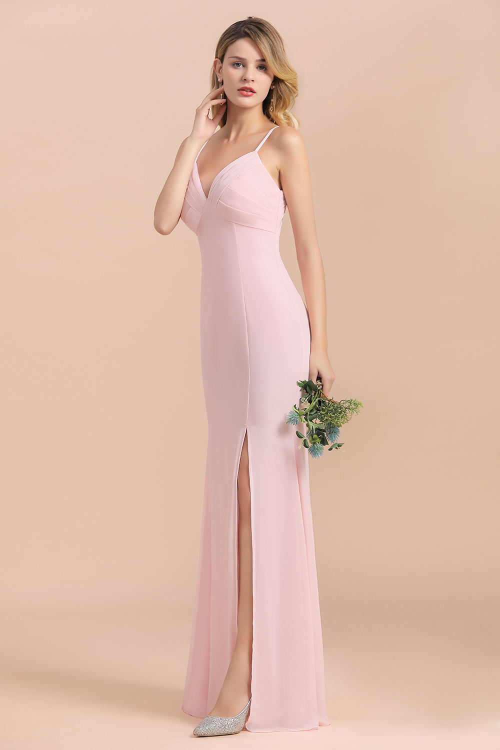 BMbridal Affordable Sheath V-Neck Blushing Pink Chiffon Bridesmaid Dress with Spaghetii Straps-BMbridal