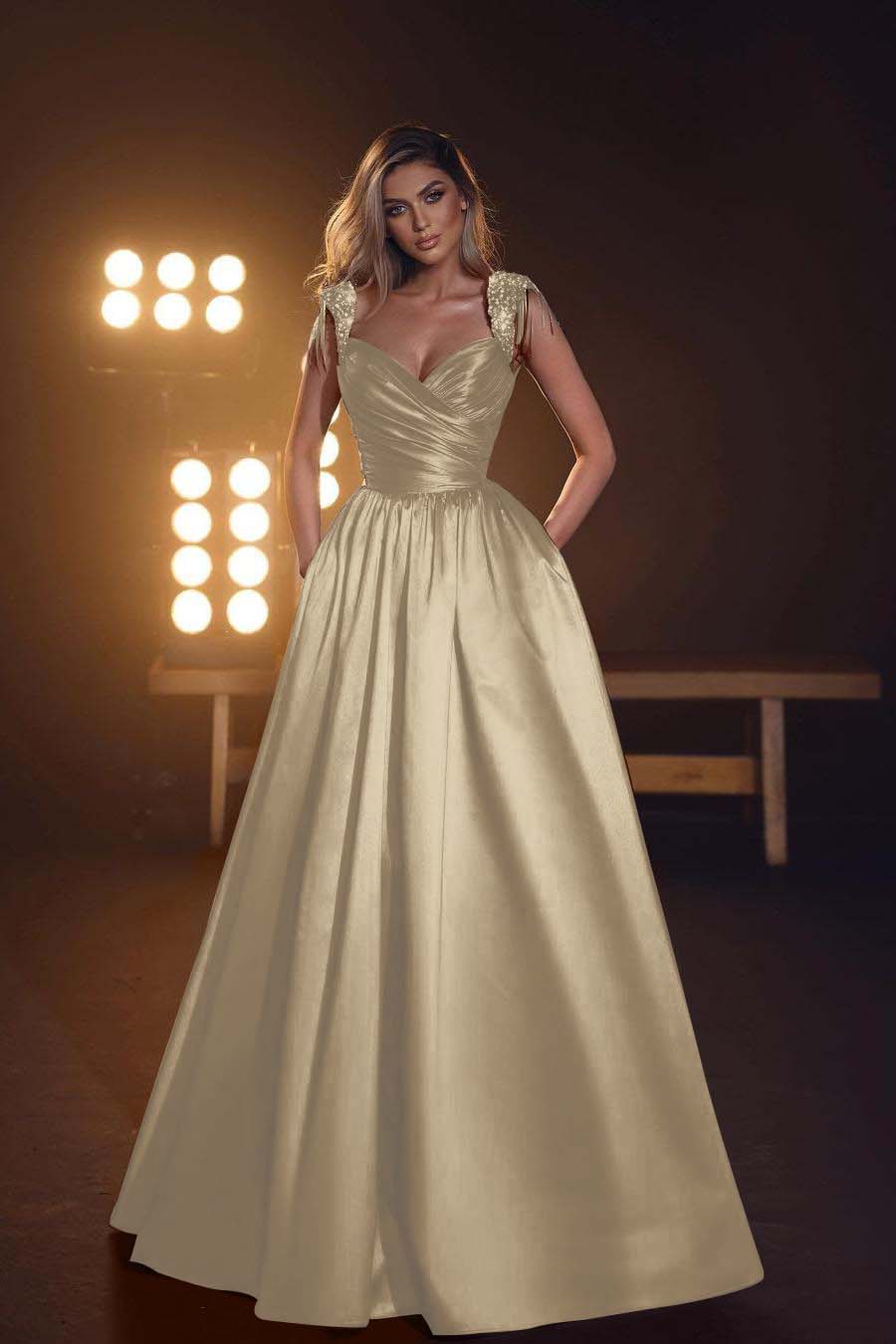 Straps Sleeveless Long Prom Dress With Pleated Pockets Sequins