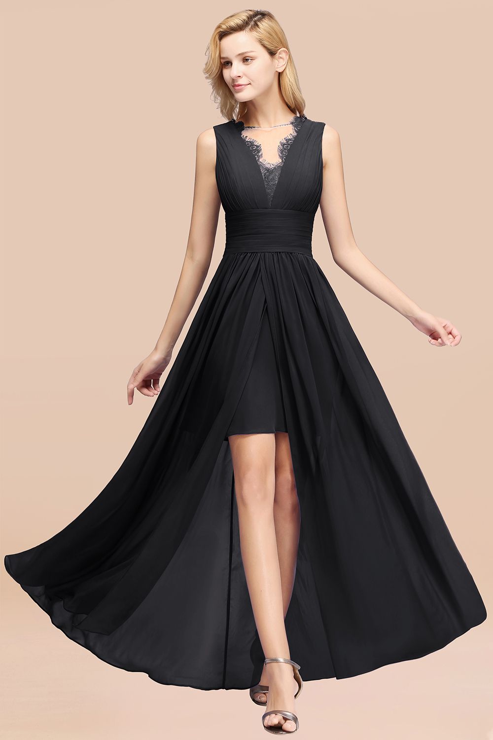 BMbridal Elegant Chiffon Lace Jewel Sleeveless Bridesmaid Dress with Ruffle-BMbridal