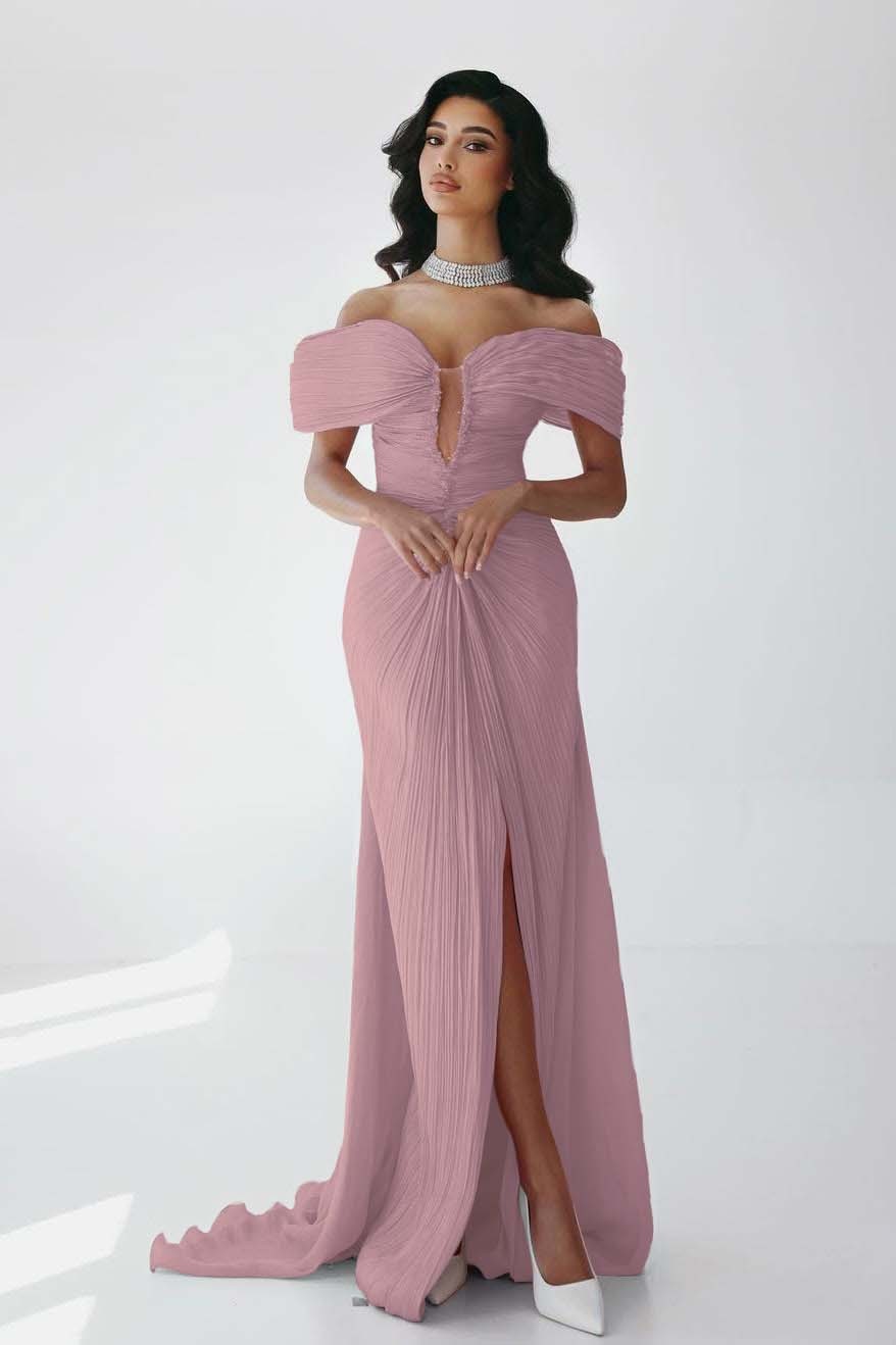 Off the Shoulder Sleeveless Long Mermaid Prom Dress With Ruffles Pleated