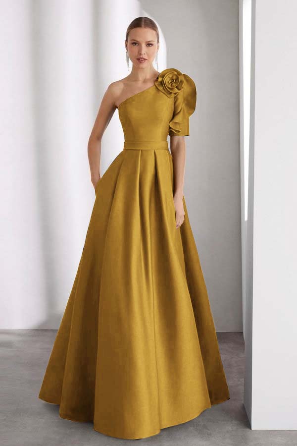 One Shoulder Sleeveless Long Prom Dress With Pleated Pockets