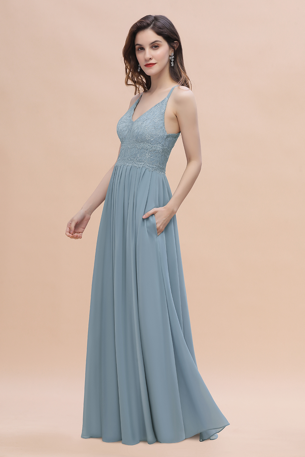 BMbridal Stylish Straps V-Neck Chiffon Lace Dusty Blue Bridesmaid Dress On Sale-BMbridal