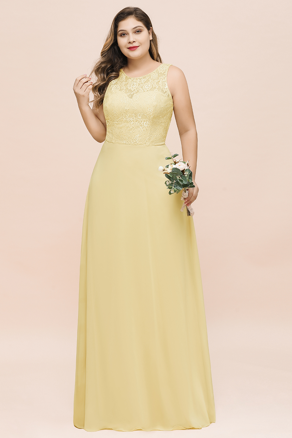 BMbridal Plus Size Lace Sleeveless Affordable Daffodil Bridesmaid Dress-BMbridal