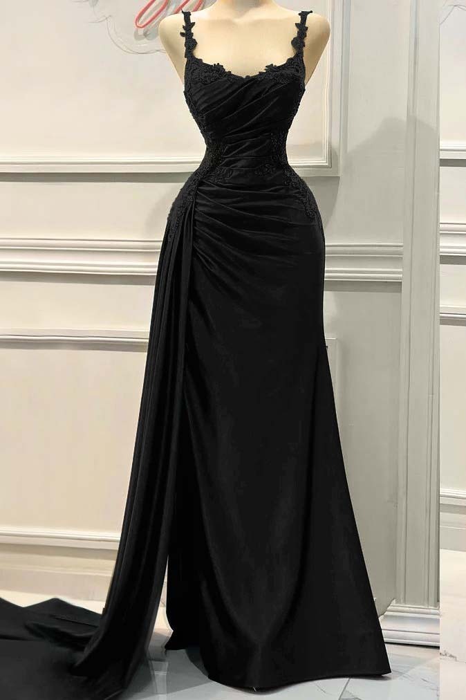 Charming Spaghetti Strap Sleeveless Pleated Long Prom Dress With Appliques