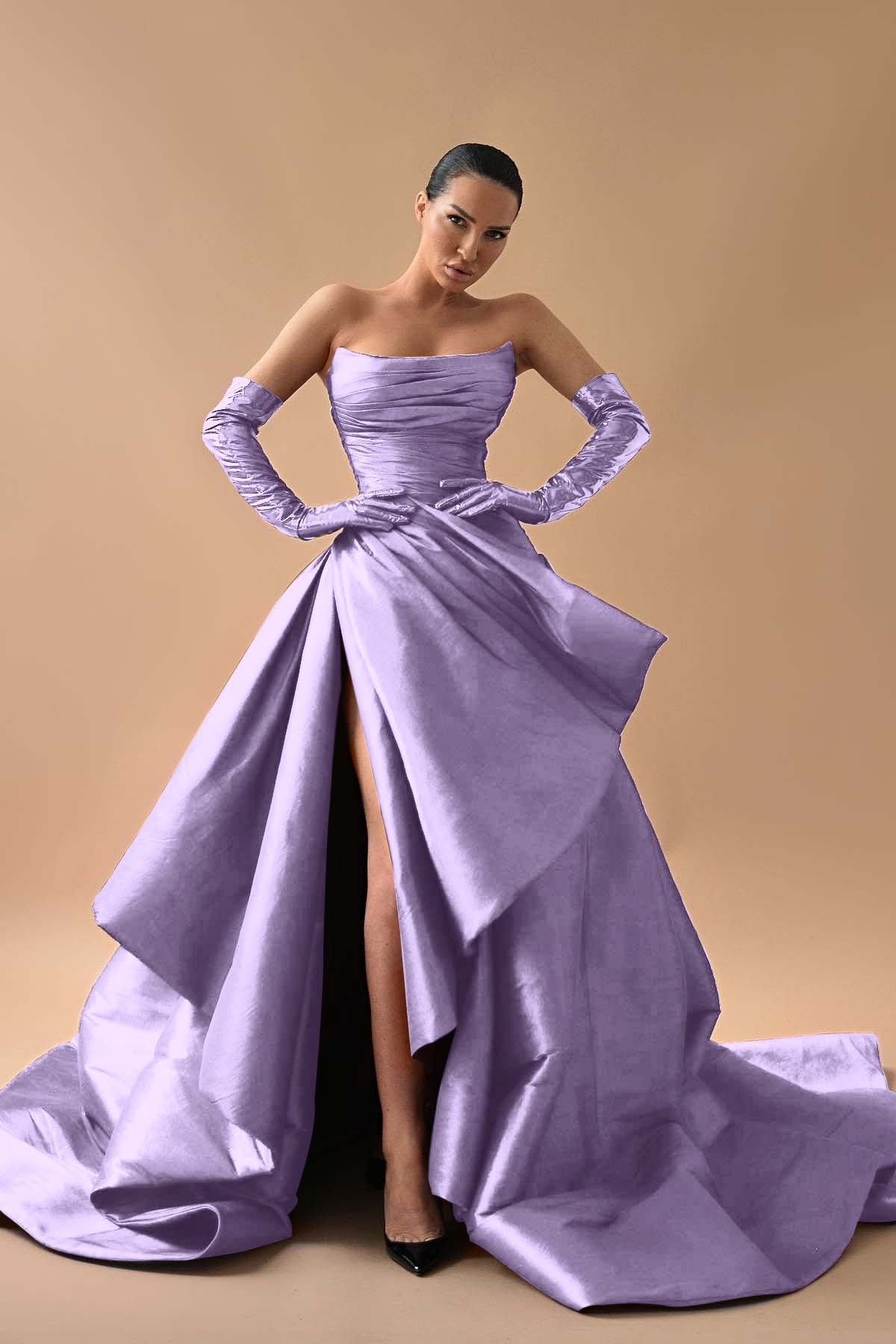 Strapless Sleeveless Long Split Prom Dress With Gloves Pleated