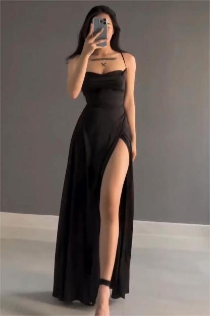 Simple Black Stain Spaghetti Strap Sleeveless Long Prom Dress With Split