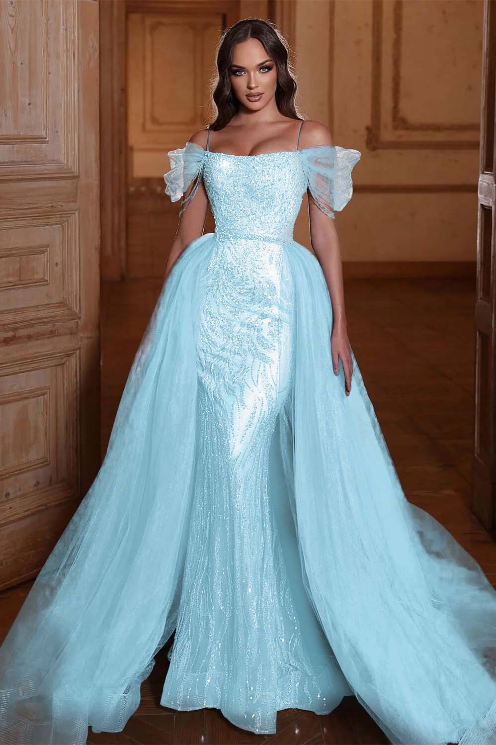 Off the Shoulder Mermaid Prom Dress Tulle Ruffles With Appliques