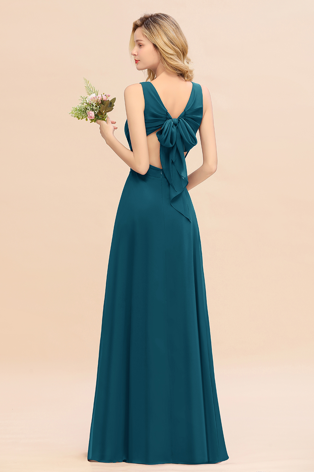 BMbridal Affordable V-Neck Ruffle Long Grape Chiffon Bridesmaid Dress with Bow-BMbridal