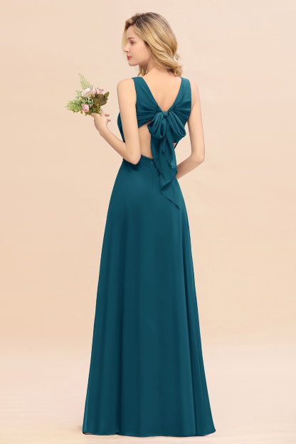 BMbridal Affordable V-Neck Ruffle Long Grape Chiffon Bridesmaid Dress with Bow-BMbridal