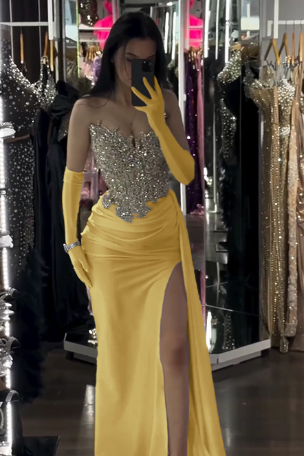 Sophisticated White Sleeveless Strapless Beaded Split Prom Dress With Gloves