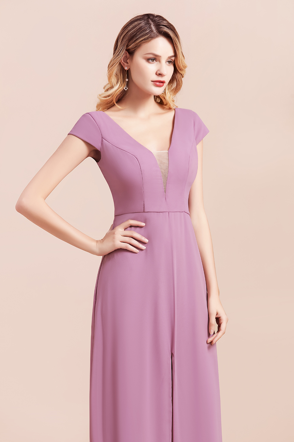 BMbridal Chic V-Neck Chiffon Wisteria Bridesmaid Dresses with Short Sleeves-BMbridal