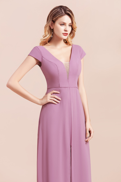 BMbridal Chic V-Neck Chiffon Wisteria Bridesmaid Dresses with Short Sleeves-BMbridal