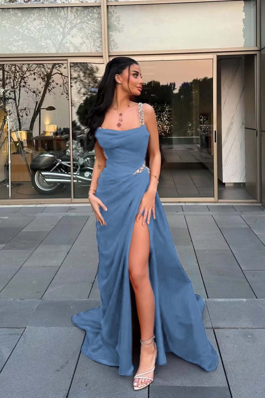 Spaghetti Strap Sleeveless Long Prom Dress With Split Beading