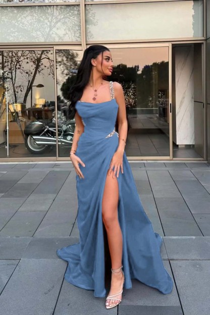Spaghetti Strap Sleeveless Long Prom Dress With Split Beading