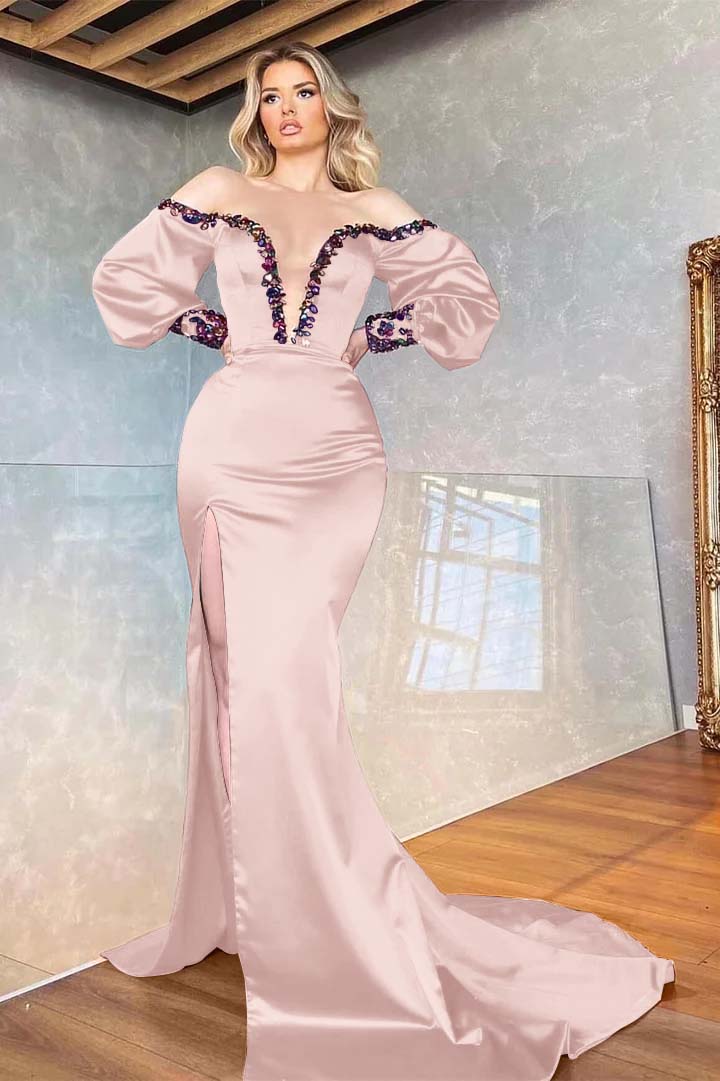 Purple Mermaid Beadings Front Split Prom Dress Off the Shoulder With Long Sleeves V Neck