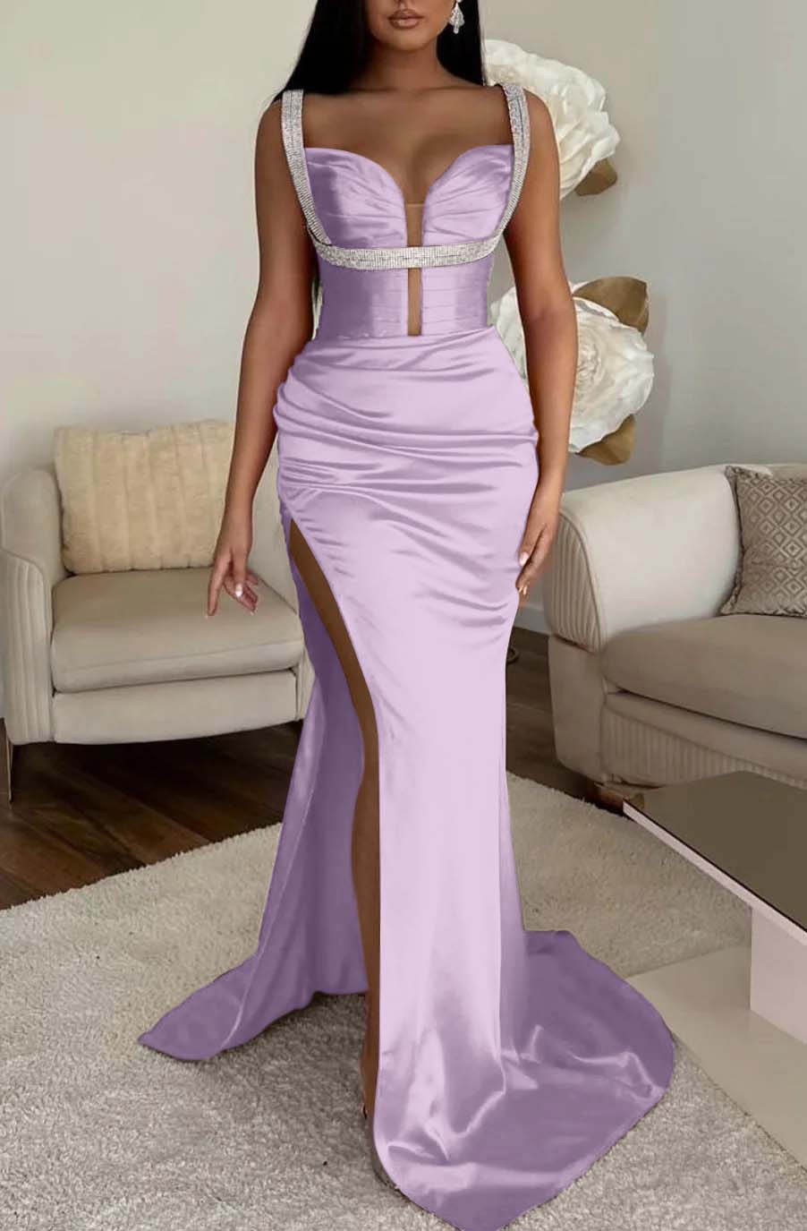 Mermaid Prom Dress Spaghetti Strap Fuchsia With High Split Sleeveless