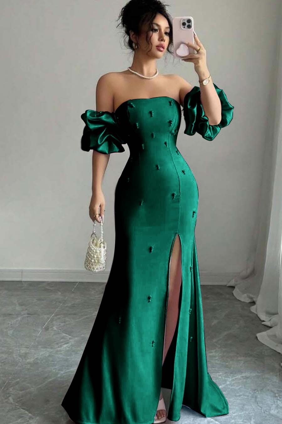 Strapless Bubble Sleeves Long Split Prom Dress With Beading